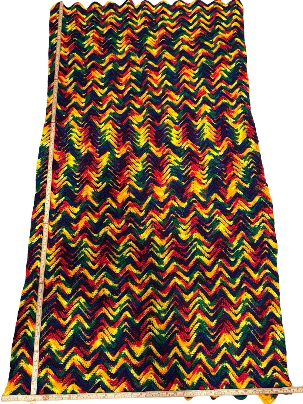 62”x34” Vintage 70s Boho Chevron Crochet Afghan Blanket Ripple Throw